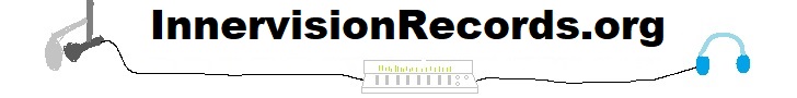 Innervision Records Logo: the words, Innervision Records dot org, with a microphone and windscreen to the left, 
			audio cable runs from there to a mixer board which is under the words, from there an audio cable runs to a pair of headphones to the right of the words.
